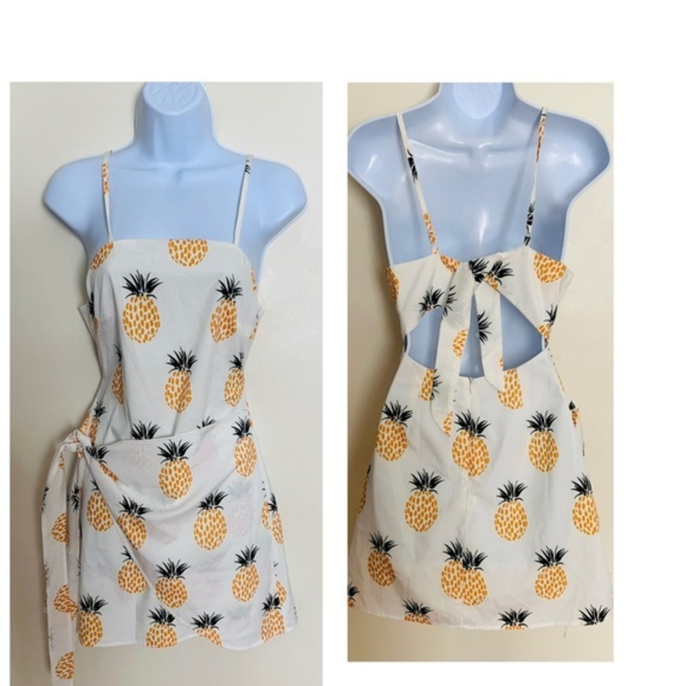 Pineapple Print White‎ Mini Dress Vacation Tropical Cruise Size XS